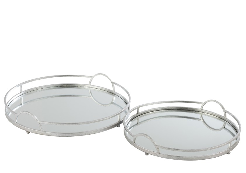 Plateaux ronds miroir en fer argenté x2