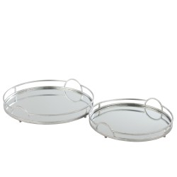 Plateaux ronds miroir en fer argenté x2