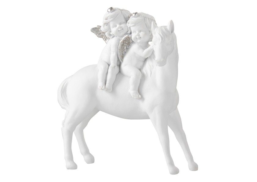 Cheval avec 2 anges Blanc/Argent grand