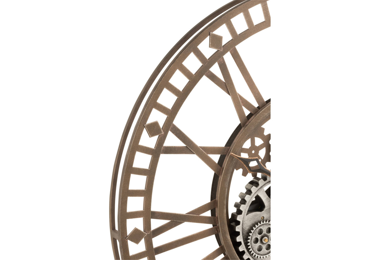 Horloge en chiffres romains, mécanisme visible, métal doré antique